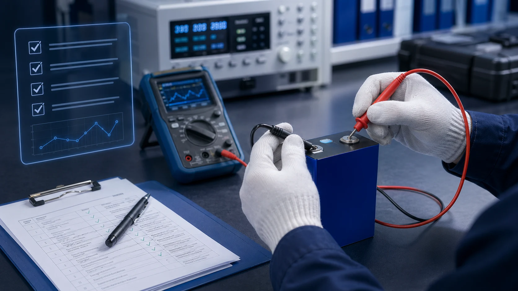 Battery quality inspection coordination with test probes and documentation review