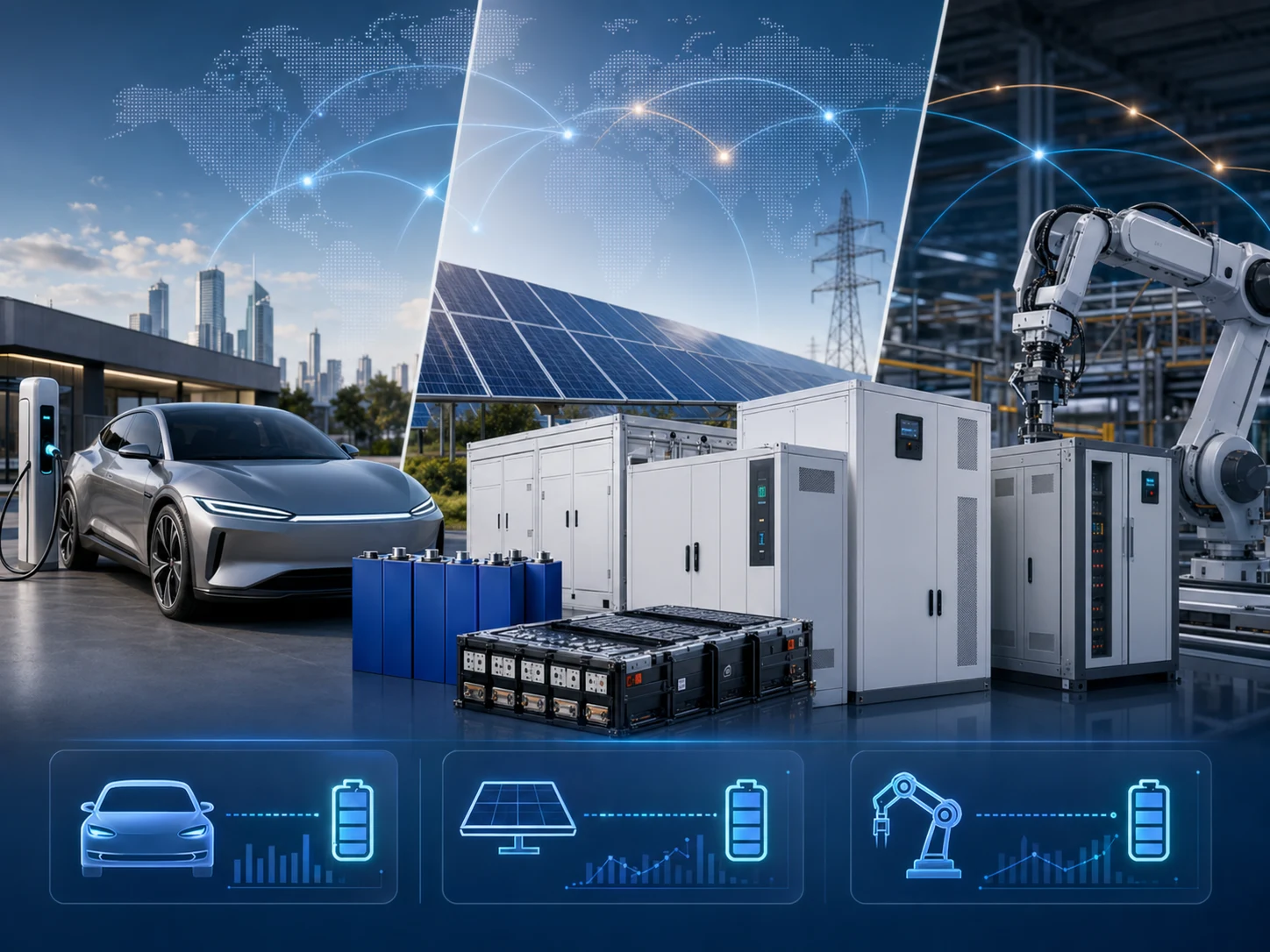 EV, solar, and industrial application visual for NexaEco battery supply matching